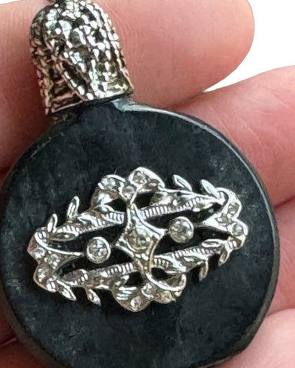 Vintage black glass Austria embelished small perfume bottle necklace