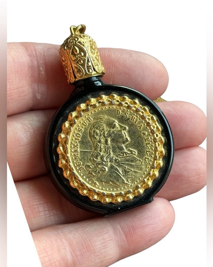 Vintage Austria Black glass with Coin embelished perfume necklace bottle