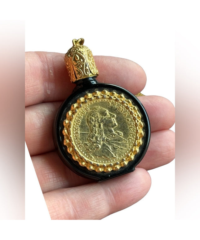 Vintage Austria Black glass with Coin embelished perfume necklace bottle