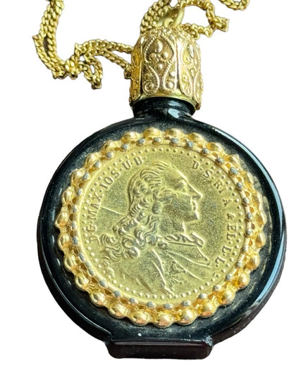 Vintage Austria Black glass with Coin embelished perfume necklace bottle