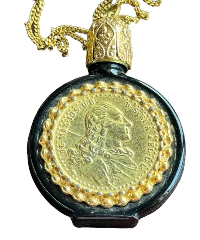 Vintage Austria Black glass with Coin embelished perfume necklace bottle