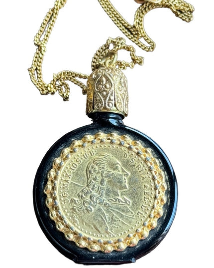Vintage Austria Black glass with Coin embelished perfume necklace bottle