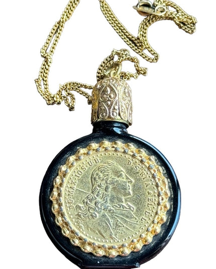 Vintage Austria Black glass with Coin embelished perfume necklace bottle