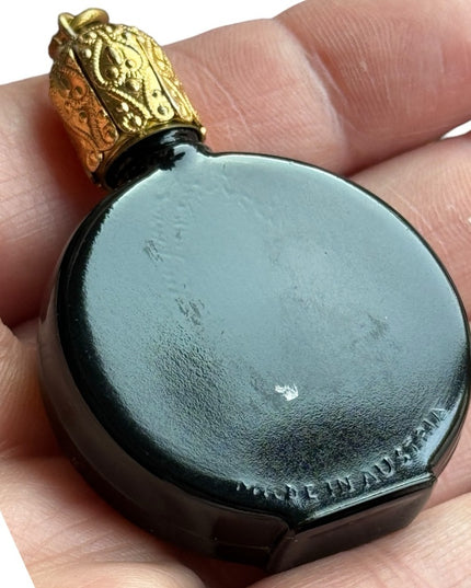 Vintage Austria Black glass with Coin embelished perfume necklace bottle