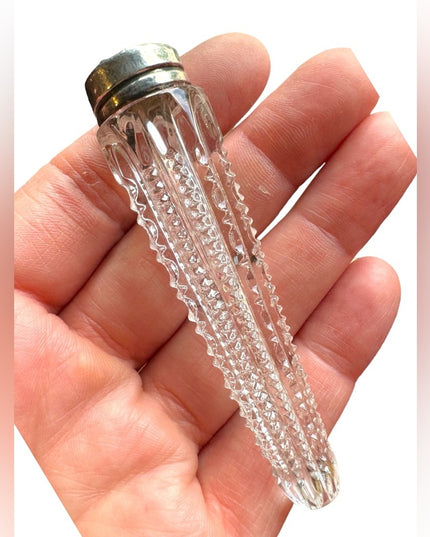 Victorian Cut Glass Perfume Vial , Sterling Silver Lid Art Deco glass antique