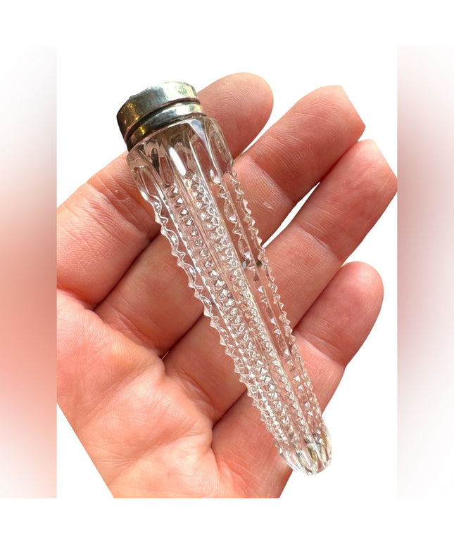 Victorian Cut Glass Perfume Vial , Sterling Silver Lid Art Deco glass antique