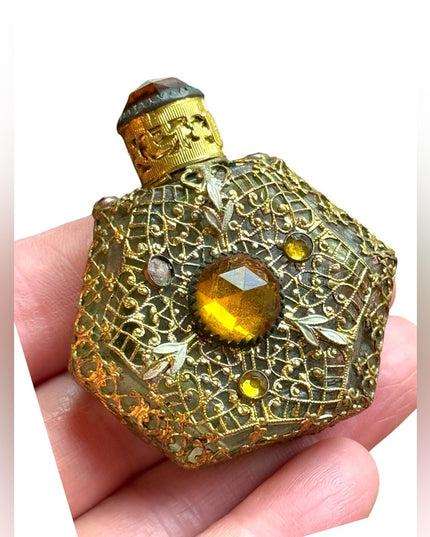 Antique  Vintage Czech Ornate Glass  Amber Filigree Perfume Bottle Miniature