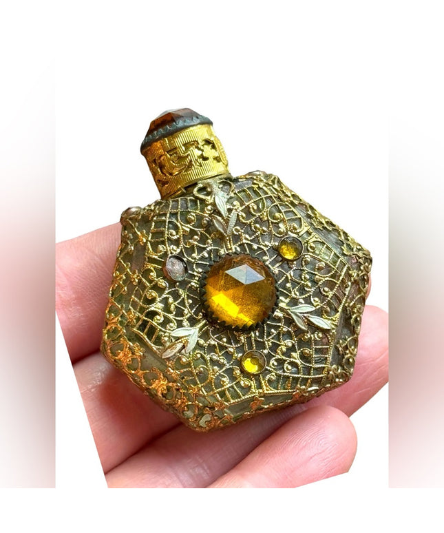 Antique  Vintage Czech Ornate Glass  Amber Filigree Perfume Bottle Miniature
