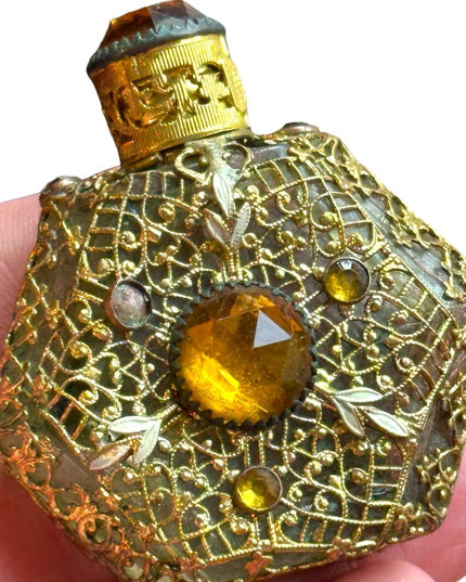 Antique  Vintage Czech Ornate Glass  Amber Filigree Perfume Bottle Miniature