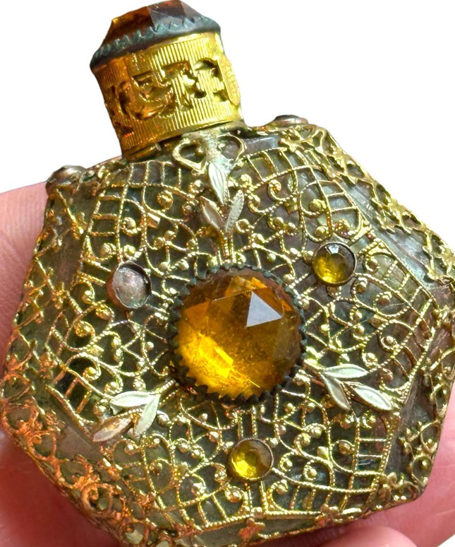 Antique  Vintage Czech Ornate Glass  Amber Filigree Perfume Bottle Miniature