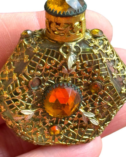 Antique  Vintage Czech Ornate Glass  Amber Filigree Perfume Bottle Miniature