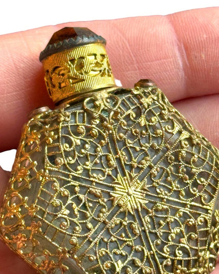 Antique  Vintage Czech Ornate Glass  Amber Filigree Perfume Bottle Miniature