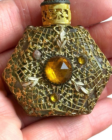 Antique  Vintage Czech Ornate Glass  Amber Filigree Perfume Bottle Miniature