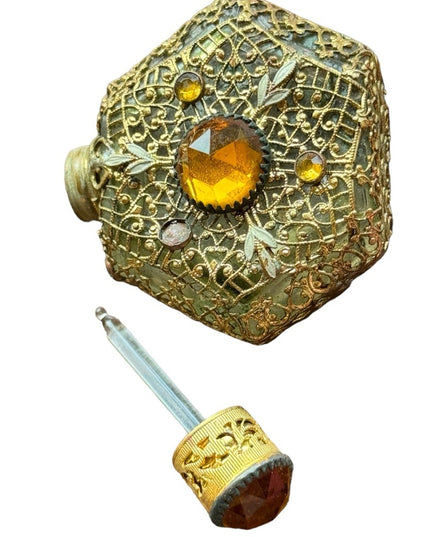 Antique  Vintage Czech Ornate Glass  Amber Filigree Perfume Bottle Miniature