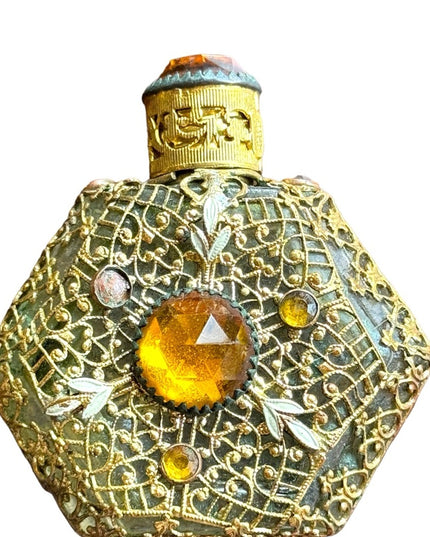 Antique  Vintage Czech Ornate Glass  Amber Filigree Perfume Bottle Miniature