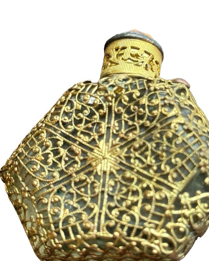 Antique  Vintage Czech Ornate Glass  Amber Filigree Perfume Bottle Miniature