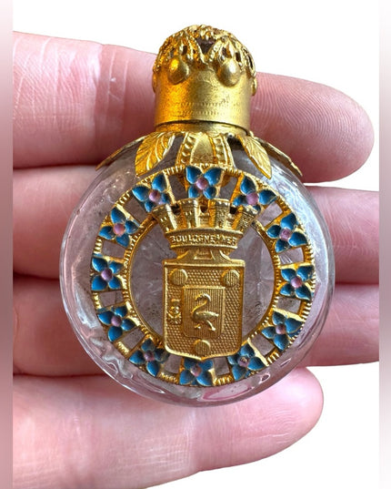 Antique orante decorated coat of arms gold gilt glass perfume bottle Paris