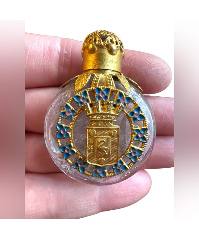 Antique orante decorated coat of arms gold gilt glass perfume bottle Paris