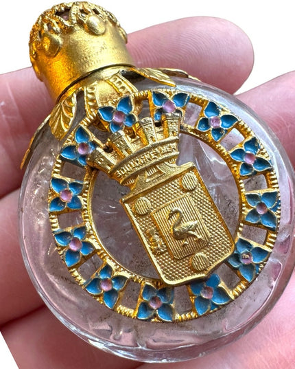 Antique orante decorated coat of arms gold gilt glass perfume bottle Paris