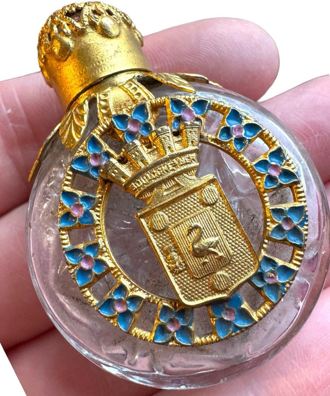 Antique orante decorated coat of arms gold gilt glass perfume bottle Paris