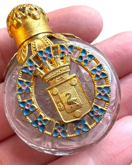 Antique orante decorated coat of arms gold gilt glass perfume bottle Paris