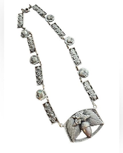 Antique silver ACORN & flowers fancy necklace Nordic
