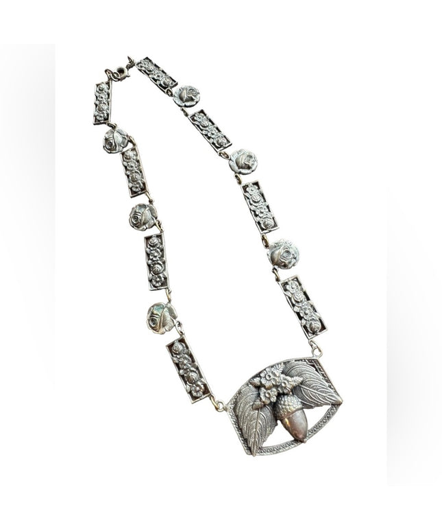 Antique silver ACORN & flowers fancy necklace Nordic