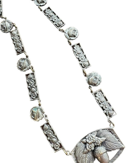 Antique silver ACORN & flowers fancy necklace Nordic