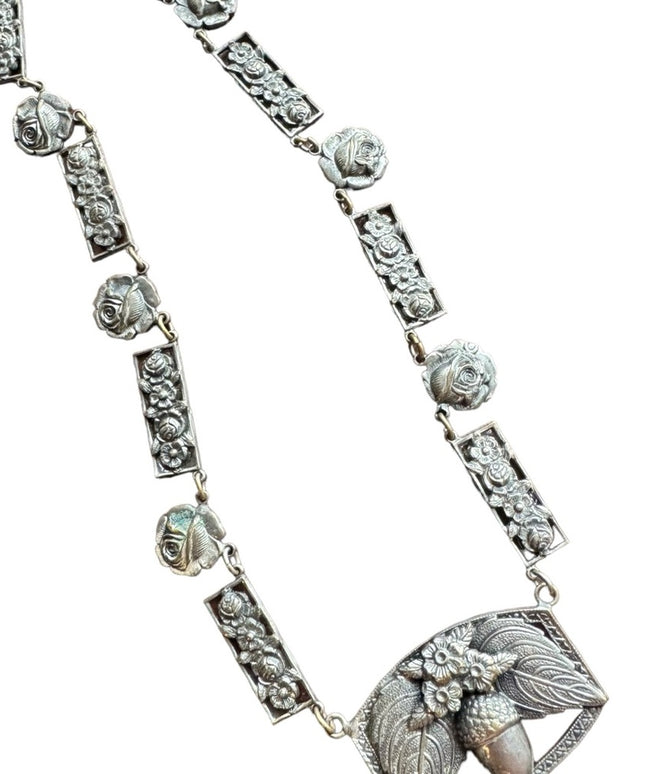 Antique silver ACORN & flowers fancy necklace Nordic