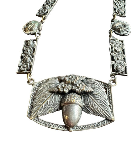 Antique silver ACORN & flowers fancy necklace Nordic