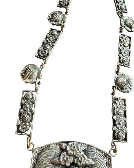 Antique silver ACORN & flowers fancy necklace Nordic
