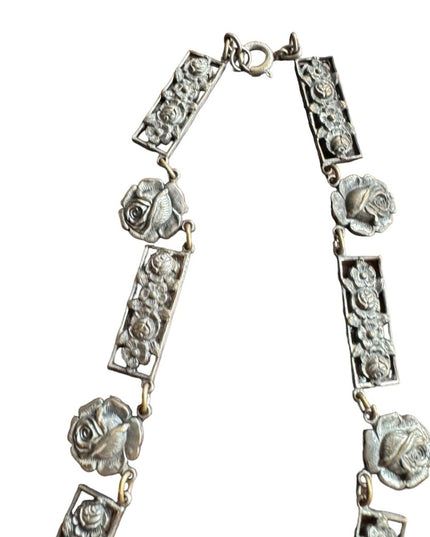 Antique silver ACORN & flowers fancy necklace Nordic