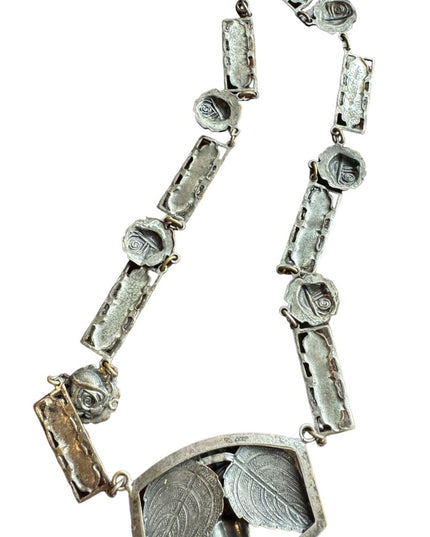 Antique silver ACORN & flowers fancy necklace Nordic