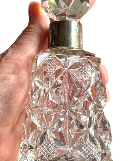 Art Deco Antique Czech cut crystal heavy sterling & glass faceted perfume bottle
