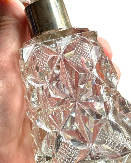 Art Deco Antique Czech cut crystal heavy sterling & glass faceted perfume bottle