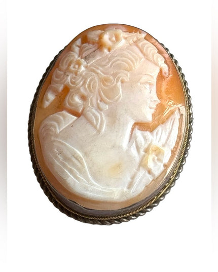 Antique Art Deco Carved shell cameo sterling silver 925 Brooch pendant