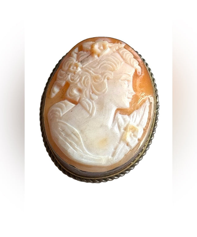 Antique Art Deco Carved shell cameo sterling silver 925 Brooch pendant