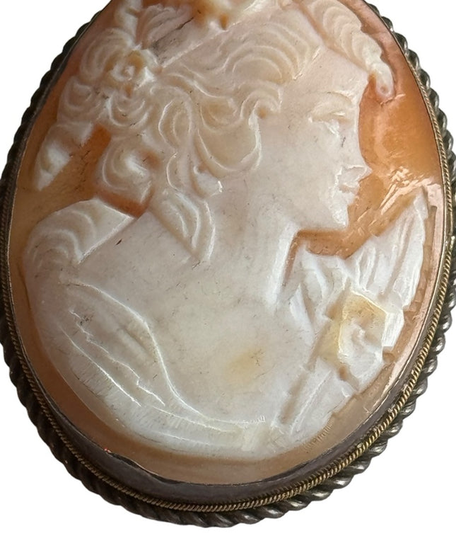 Antique Art Deco Carved shell cameo sterling silver 925 Brooch pendant