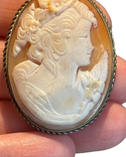 Antique Art Deco Carved shell cameo sterling silver 925 Brooch pendant