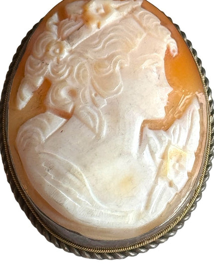 Antique Art Deco Carved shell cameo sterling silver 925 Brooch pendant