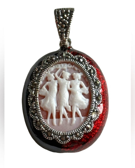 Lovely sterling silver 925 Three Graces Cameo with marcasites and enamel bezel