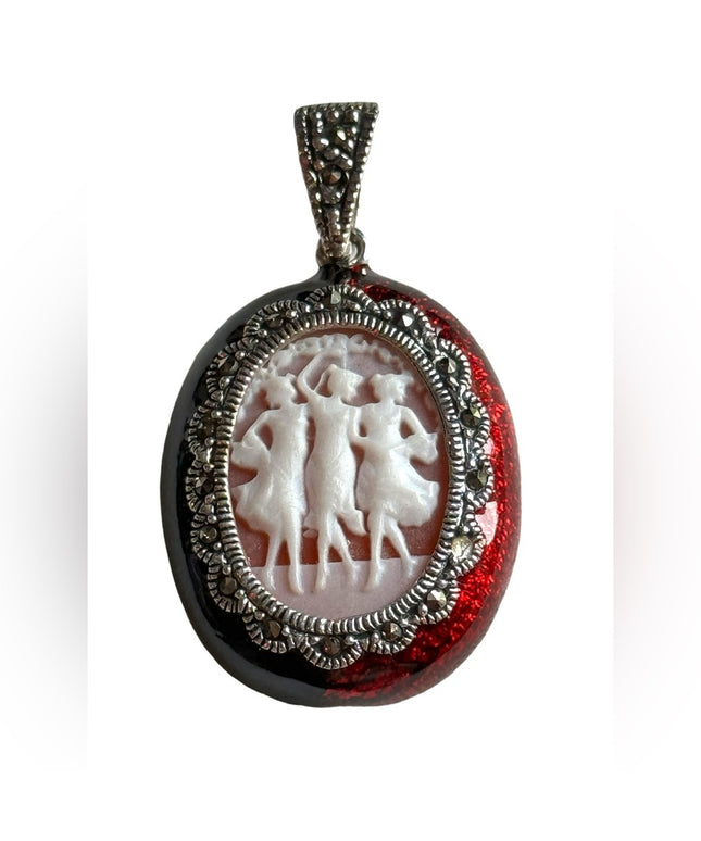 Lovely sterling silver 925 Three Graces Cameo with marcasites and enamel bezel