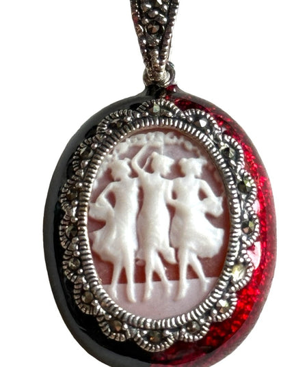 Lovely sterling silver 925 Three Graces Cameo with marcasites and enamel bezel