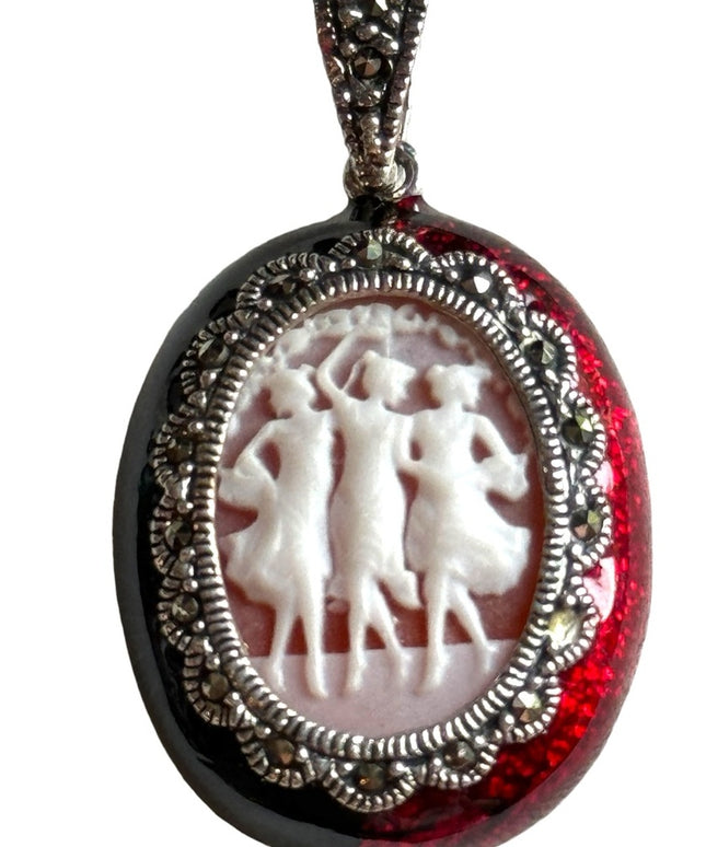 Lovely sterling silver 925 Three Graces Cameo with marcasites and enamel bezel