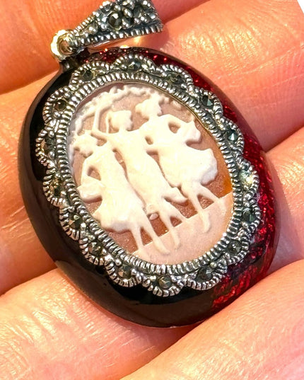 Lovely sterling silver 925 Three Graces Cameo with marcasites and enamel bezel