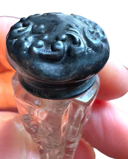 Victorian Cut Glass Perfume Vial , Sterling Silver Lid Art Deco glass antique