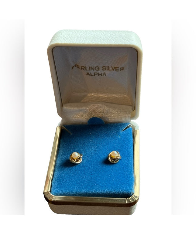 Vintage gold plate sterling  pearl NIB stud earrings