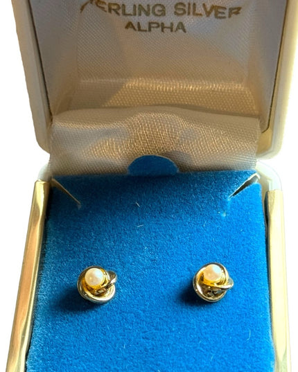 Vintage gold plate sterling  pearl NIB stud earrings