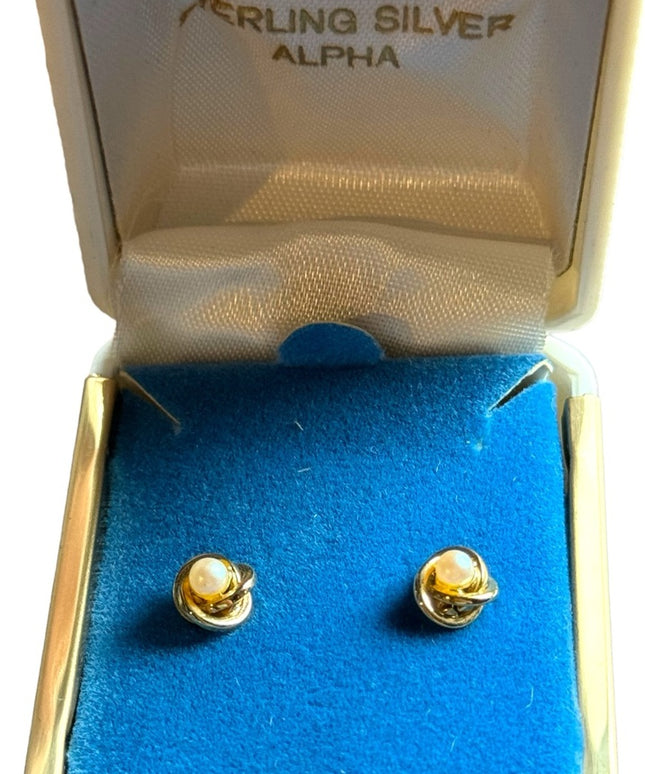 Vintage gold plate sterling  pearl NIB stud earrings