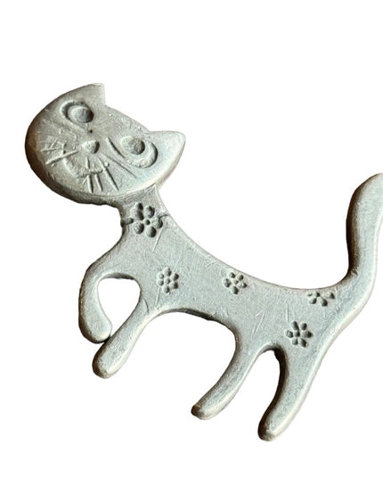 Vintage Pewter Cat Kitty Pin Brooch R Tennesmed Sweden Daisies Whisker MCM